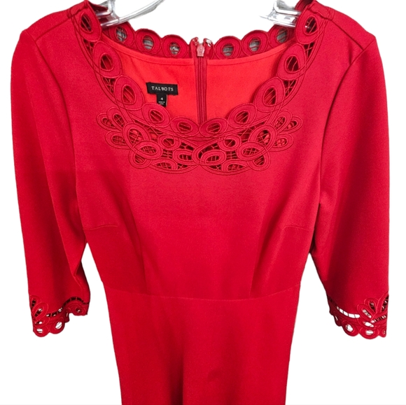 Nwot Talbots Red Ponte Knit Three quarter Sleeve Scalloped Cutout Lace Dress - Picture 5 of 17